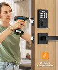 Person installing Keyless Entry Door Lock With Two Lever Handles, Fingerprint Entry Handleset, Digital Keypad Deadbolt With App, Auto Lock And One Touch Locking, Front Smart Door Handle Set, Black, No Fuss Easy To Use on a wooden door
