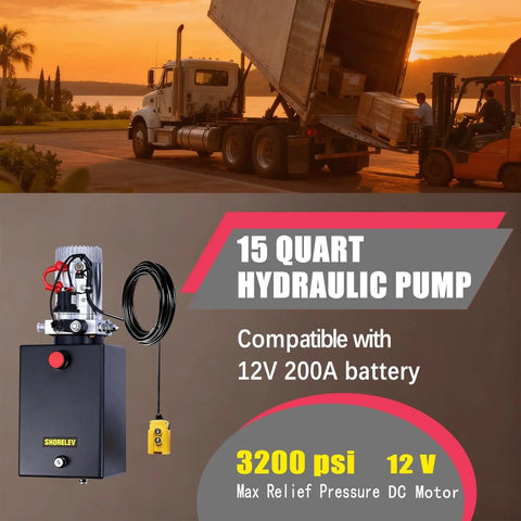 12V DC Hydraulic Power Unit With 15L Iron Reservoir And SAE 6 Connector, High Pressure 3000 PSI Single Acting Pump For Dump Trailers, Tow Trucks, Snow Plows, And Agricultural Equipment