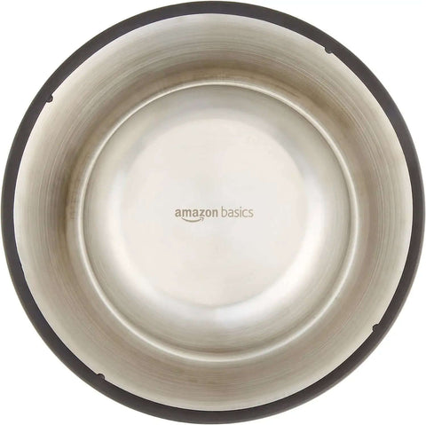 Top view of a stainless steel dog bowl with non-skid rubber base, part of a Stainless Steel Non Skid Dog Food And Water Bowls Set Of 2 For Pups.