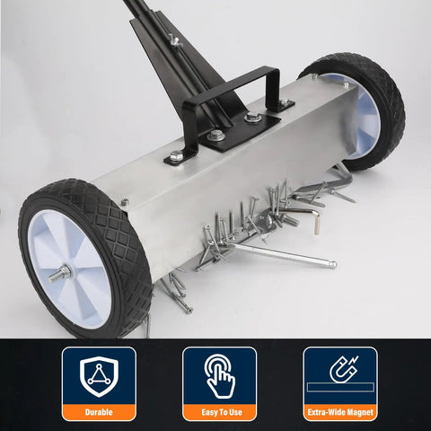 Heavy Duty 45 Pound Magnetic Nail Sweeper With Rollin Wheels Telescopic 17 Inch Broom Large Nail Finder Magnet Tool For Yard Cleanup Quick Nail Pickup Pro Grade Adjustable Handle For Home Projects