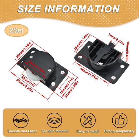 Two Sets Sliding Door Rollers Pulleys With Silent Nylon Wheels dimensions and features overview.