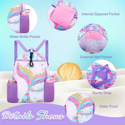Mermaid Swim Bag For Kids Drawstring Backpack For Girls Beach And Pool Waterproof Wet Dry Bag With Lightweight Design Details