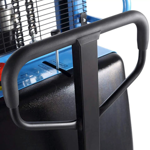 Close-up of the handle on the Semi Electric Pallet Stacker Straddle Forklift with adjustable forks designed for tight aisles.