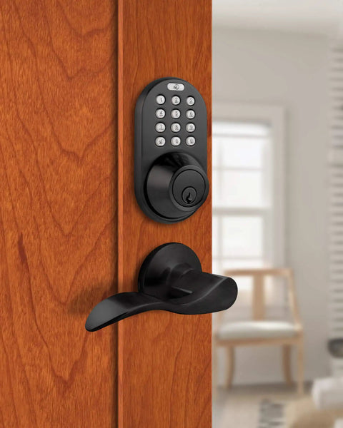 Electronic Touchpad Entry Keyless Deadbolt and Passage Lever Combo in Black on wooden door, keyless entry system visible.
