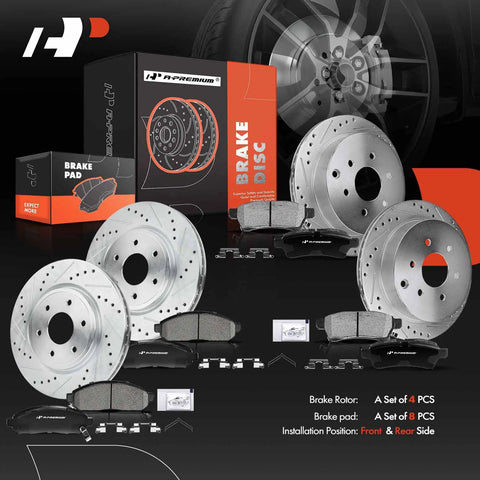 Complete front and rear brake kit with drilled and slotted disc rotors and ceramic pads for Nissan Frontier 2005-2019