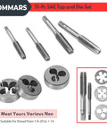 Jumbo 51 Piece Tap And Die Set For 1 4 20 To 1 14 SAE Threads with T Handle Tap Wrench and Die Wrench, ideal for metal repair.