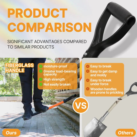 Comparison of Heavy Duty 45 Inch Orange Fiberglass Handle Spade Shovel with competitor showing moisture-proof and durable features vs wooden handle
