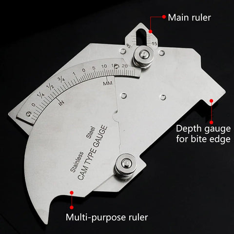 Bridge Cam Welding Gauge Set With Clear Scale and depth gauge for weld reinforcement, shown close-up on black background.