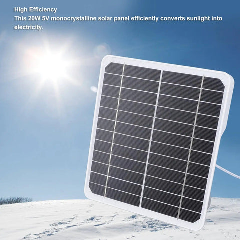 20W Monocrystalline Solar Panel for fast charging cameras and other devices with an adjustable bracket in sunlight.