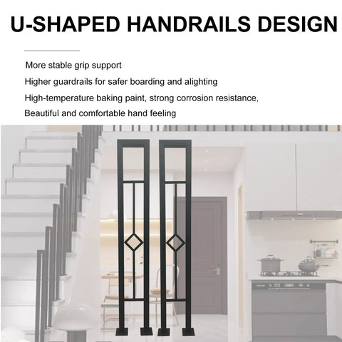 Rock Solid U Shaped Stair Handrails 2 Pack Sleek Matte Black Wrought Iron Railing With Rhombus Openwork Cutouts For Indoor Entryway And Hallway Super Comfy Grip Safety Guard Built Tough For Life, showing handrails in indoor setting.