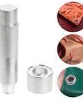 17mm Metal Eyelet Punch Tool Kit For Leather Craft Grommet Setter With Base, shown next to eyelet applications on fabric and leather.