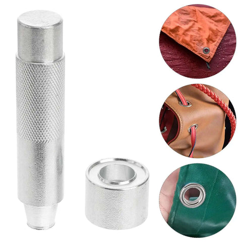 17mm Metal Eyelet Punch Tool Kit For Leather Craft Grommet Setter With Base, shown next to eyelet applications on fabric and leather.