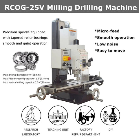 RCOG-25V Mini Benchtop Mill And Drill Press With Brushless Motor, compact size with precision spindle for metalworking tasks.