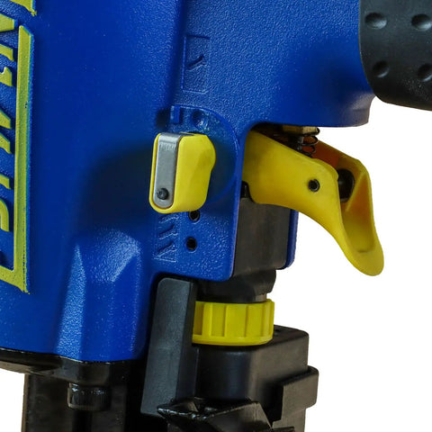 Close-up of Workhorse Pneumatic 15 Degree Coil Roofing Nailer with NPT swivel fitting and trigger mechanism visible.