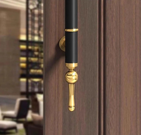 Back To Back H Shape Push Pull Barn Door Handle Set For Glass And Wood Doors In Black And Gold Finish, installed on wood door