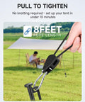 Hand using 8 Ft Adjustable Ratchet Tie Downs 4 Pack With Quick Lock Pulley System And 75 Lb Per Strap Capacity for tent setup