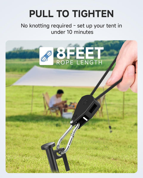 Hand using 8 Ft Adjustable Ratchet Tie Downs 4 Pack With Quick Lock Pulley System And 75 Lb Per Strap Capacity for tent setup