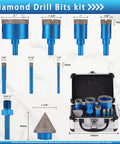 Diamond Drill Bit Set For Tile And Glass 9 Piece Includes 6mm 8mm 10mm 20mm 25mm 35mm 50mm Diamond Hole Saw Bits 35mm Beveling Chamfer Bit SDS Adapter For Glass Ceramic Porcelain Marble Brick Granite Pots displayed with storage case