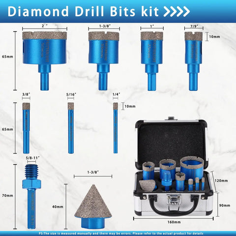 Diamond Drill Bit Set For Tile And Glass 9 Piece Includes 6mm 8mm 10mm 20mm 25mm 35mm 50mm Diamond Hole Saw Bits 35mm Beveling Chamfer Bit SDS Adapter For Glass Ceramic Porcelain Marble Brick Granite Pots displayed with storage case