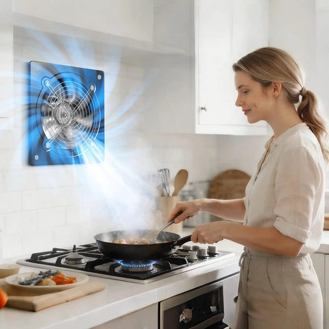 Beefy 8 Inch Exhaust Fan With On Off Control installed in kitchen wall, venting steam from cooking to maintain a fresh environment