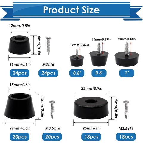 Grippy Rubber Feet Bumpers Kit With Built In Stainless Washers And Screws For Furniture And Appliances, 124 Pieces In 3 Sizes