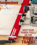 No Sweat Precision Rail And Clamp For Circular Saw And Router With Dual Fence Guide Made In Usa on a workbench with a router.