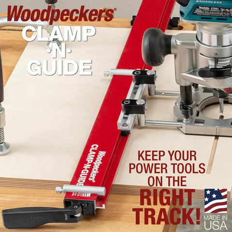 No Sweat Precision Rail And Clamp For Circular Saw And Router With Dual Fence Guide Made In Usa on a workbench with a router.