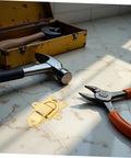 Super Cool 2 Piece Golden Zinc Alloy Duckbilled Toggle Latch Sets For Secure Wooden Cases with tools on a marble surface.