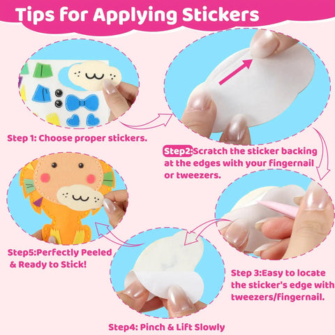 Illustration showing steps to apply stickers for Kids Sewing Kit For Beginners With 10 Easy DIY Felt Animal Projects And Guiding Book.