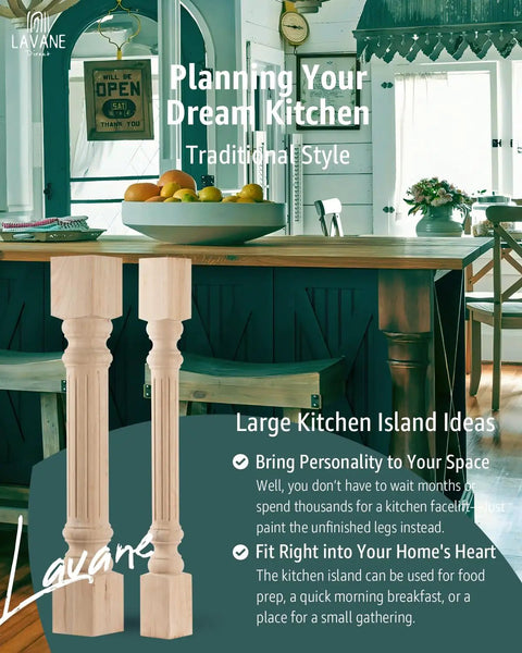 Solid Wood Kitchen Island Legs Set of Two, Thirty Five and a Half Inches High, Five Inches Wide and Deep, featured in kitchen.