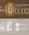 No Cap Wall Mount Power Strip With 6 Widely Spaced Outlets And 4 Rapid Charge USB Ports Includes Chill Night Light and Heavy Duty Surge Protection For Your Entire House showing three brightness levels.