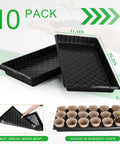 Seed Starter Kit For Indoor And Outdoor Gardening With 10 Plastic Growing Trays, size 20.2x11.4x1.77, shown with peat pots.