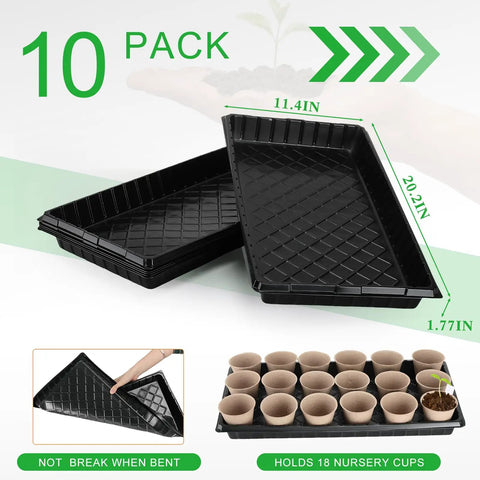 Seed Starter Kit For Indoor And Outdoor Gardening With 10 Plastic Growing Trays, size 20.2x11.4x1.77, shown with peat pots.