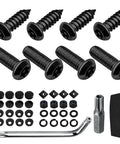 Lock Up Your Ride With This Anti Theft License Plate Screws Kit Featuring Tamper Proof Security Fasteners M6 Thread Black Mounting Hardware Includes Key To Keep Jokers From Yanking Your Tags Off Front Or Rear Bumper Today, showing black screws and accessories.