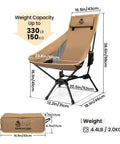 Tigerblade High Back Camping Chair With Pillow Design Ultra Comfy Widened Seat Foldable Outdoor Chair For Camps And Backyards Built With 70A6 Aluminum Alloy And 600D Polyester for rugged durability, displaying measurements