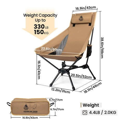 Tigerblade High Back Camping Chair With Pillow Design Ultra Comfy Widened Seat Foldable Outdoor Chair For Camps And Backyards Built With 70A6 Aluminum Alloy And 600D Polyester for rugged durability, displaying measurements