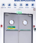 Hassle-Free Automatic Door Closer For Homes Featuring Quick Access Design and No-Fuss Smooth Self Closing Slick Silver Finish Compact Body on double interior doors with exit sign.