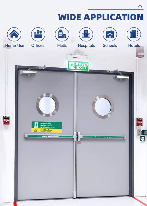 Hassle-Free Automatic Door Closer For Homes Featuring Quick Access Design and No-Fuss Smooth Self Closing Slick Silver Finish Compact Body on double interior doors with exit sign.