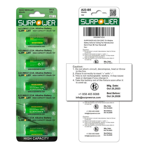 Front and back packaging of Long Lasting 12 Volt A23 23A Alkaline Batteries 5 Pack For Remote Controls Key Fobs Alarm Sensors And Toys