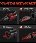 Cordless Rivet Nut Gun for Milwaukee 18V Battery, steps for changing rivet nut head with visual instructions.