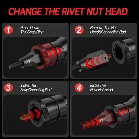 Change the rivet nut head steps for Badass Cordless Rivet Nut Gun For 18 Volt Batteries Tool Only with clear visual instructions.