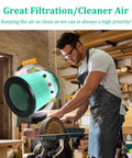 Worker using a sander with HEPA Filter Replacement Two Pack For Five To Twenty Gallon Wet And Dry Shop Vacuums Compatible With Craftsman 38753 Keeps Dust Down To Three Tenths Of A Micron With Ninety Nine Point Seven Percent Efficiency For Heavy Duty Cleanup And Easy Care visible in the background, emphasizing dust reduction efficiency.