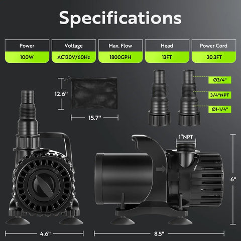 Specifications of Adjustable Pond Pump 1800 GPH Submersible Water Pump With 13 Ft Lift And 20 Ft Cord, Filter Bag, quiet operation