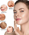 Close-up of woman's face showing effects of Six In One Hydrogen Oxygen Facial Device For Salon And Home Use With Interchangeable Heads Deep Pore Cleansing Hydration Skin Rejuvenation Anti Aging Pro Grade Spa Quality Tool Game Changing At Home.