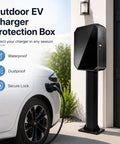 Tough As Nails Galvanized Steel EV Charger Lock Box With Outdoor Pedestal Stand, showcased next to electric vehicle.