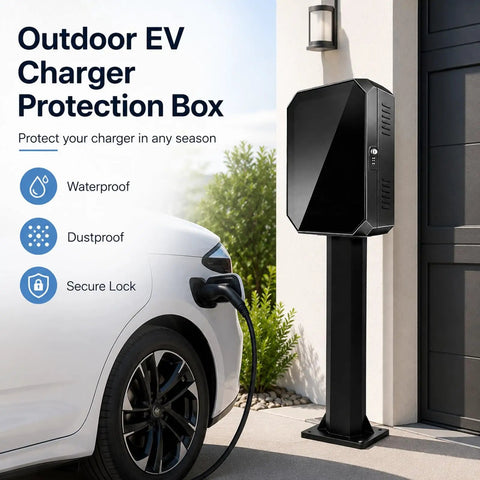 Tough As Nails Galvanized Steel EV Charger Lock Box With Outdoor Pedestal Stand, showcased next to electric vehicle.