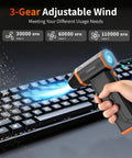 Hand using Beast Mode Power Cordless Air Duster With 110000RPM Brushless Motor Rechargeable Turbo Blower to clean keyboard