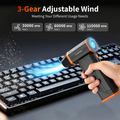 Hand using Beast Mode Power Cordless Air Duster With 110000RPM Brushless Motor Rechargeable Turbo Blower to clean keyboard