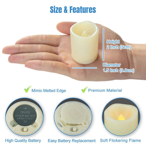 Bulk Set Of 10 Flameless Votive Candles With Remote And Timer, Battery Operated Tealights displaying size and features