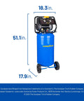 Whisper Quiet 26 Gallon Vertical Air Compressor 175 Psi Oil Free Electric Workshop Beast, showing dimensions and tank design.